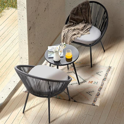 NUU GARDEN 3 Piece Outdoor Bistro Set, Woven Rope Conversation Patio Set, All Weather Patio Furniture Chairs and Table with Cushions for Garden, Deck, Backyard, Balcony, Porch, Dark Gray