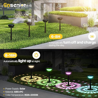 Ensenior Solar Pathway Lights IP65 Waterproof, RGB Color Changing & 3000K Warm White, 8-16Hr Runtime, Flower Pattern Garden Lights for Walkway Porch Yard - 10 Pack