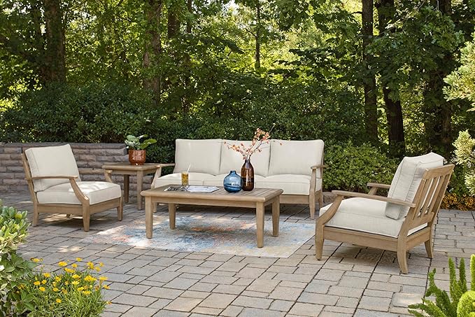 Signature Design by Ashley Carter Hall Outdoor Eucalyptus Wood Patio Sofa – Cushioned with UV-Resistant Nuvella Fabric, 5-Step Protective Finish, Beige