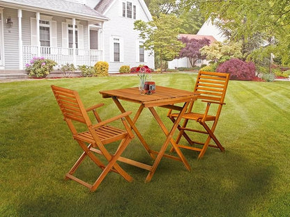 East West Furniture SEBS3CANA 3 Piece Folding Patio Bistro Sets Outdoor Set Contains a Square Acacia Wood Coffee Table and 2 Folding Arm Chairs, 26x26 Inch, Natural Oil