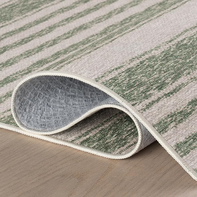 Dash & Albert Xaren Green Machine Washable Rug, 7.5 X 9.5 Feet, Green/Grey Stripe Pattern
