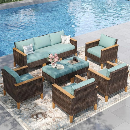 PHI VILLA 9-Piece Outdoor Wicker Furniture Set with 4-inch Thick Cushions, High Back Wicker Sofa for Deck, Yard, and Poolside in Blue (3 Seat Style)
