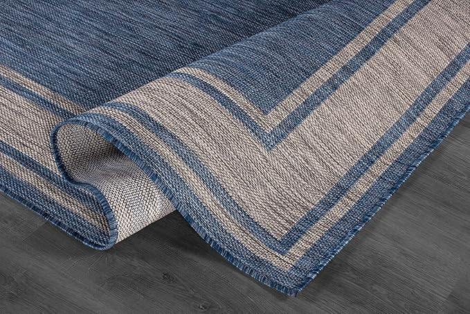 Beverly Rug Outdoor Rug 6x9 Modern Bordered Area Rugs for Indoor and Outdoor Patio Deck Porch Garden Waterproof Weather Sun Resistant Washable Outside Carpet (6 x 9 Navy)