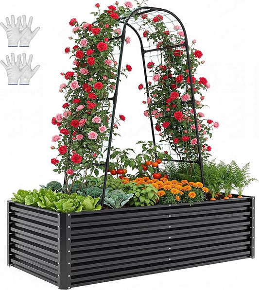 YITAHOME 6x3x2ft Galvanized Raised Garden Bed with Tall Arch Trellis, Galvanized Planter Box with Vertical Netting, Gloves, Support Rod, Outdoor Flower Bed for Plants, Vegetables, Flowers, Black