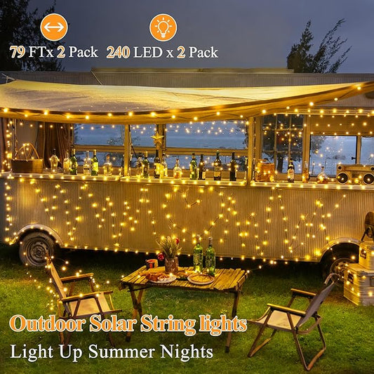 2 Pack Solar String Lights Total 480LED 158FT, IP67 Waterproof String Lights for Outside with 8 Modes, Upgraded Solar Panel Fairy Lights for Garden Party Wedding Decorations (Warm White)