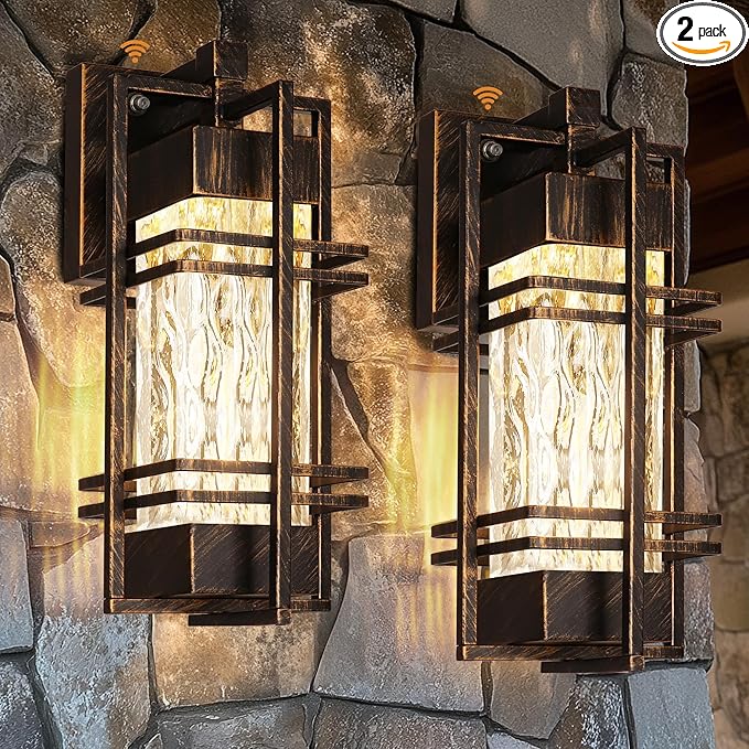 Dusk to Dawn Outdoor Front Porch Light Fixtures Wall Mount Gold-Swept Black,2 Pack Waterproof Wall Sconce Lights, Sensor Exterior Lighting Fixtures for House, Outside Lantern Lamp (Bulb Included)