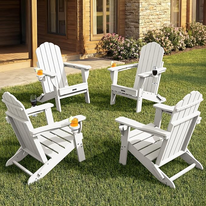 Adirondack Chairs Set of 4, Patio Chair, HDPE Fire Pit Chairs, Plastic Adirondack Chairs with 2 Cup Holder, Outdoor Lawn Chair for Patio Garden, White