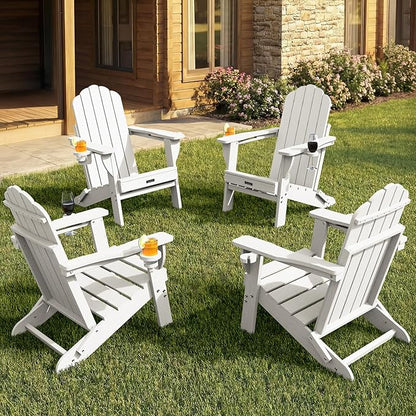 Adirondack Chairs Set of 4, Patio Chair, HDPE Fire Pit Chairs, Plastic Adirondack Chairs with 2 Cup Holder, Outdoor Lawn Chair for Patio Garden, White