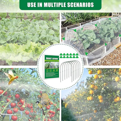 10 X 50 FT Garden Mesh Netting Kit Pest Barrier for Raised Beds, Fruit Tree Netting with 10 Sets Garden Hoops & 20 Clips for Cicadas Bird Insect, Blueberry Bush Netting Cover for Garden Protection