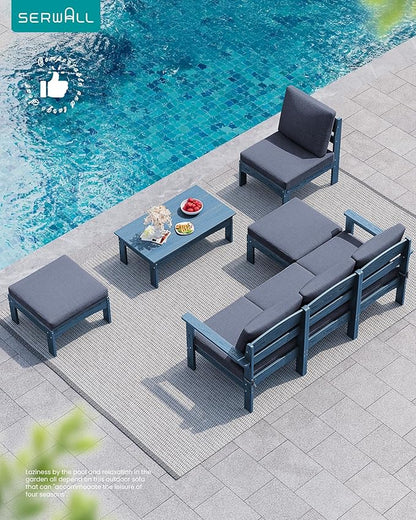 SERWALL 7 Pieces HDPE Patio Furniture Set with with 15FT Double Side Patio Umbrella, Patio Conversation Set, All-Weather Modular Patio Sofa Set for Deck, Garden, Porch, Black Frame with Grey Cushion