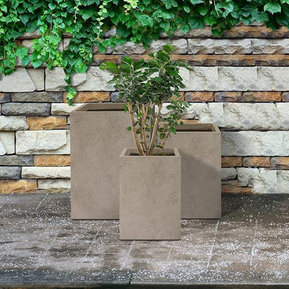 Kante 18.5",15.7",12.6" H Tall Rectangular Concrete Planters Set of 3, Outdoor Indoor Lightweight Plant Pots with Drainage Hole and Rubber Plug, Modern Style for Home Garden Patio, Weatheted Concrete