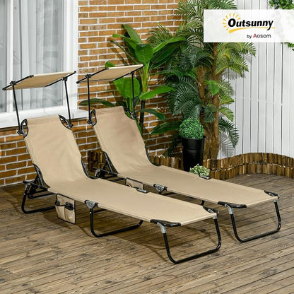 Outsunny Folding Chaise Lounge Pool Lounge Chairs Set of 2, Outdoor Sun Tanning Chairs with Canopy Shade, Reclining Back, Steel Frame and Side Pocket for Beach, Yard, Patio, Tan