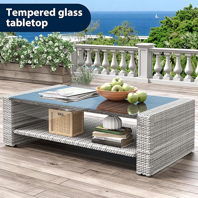 4 Piece Patio Furniture Set,Outside Rattan Sectional Sofa,Wicker Conversation Set with Cushion and Glass Coffee Table,Wicker Sofa Ideal for Garden,Porch,Beige