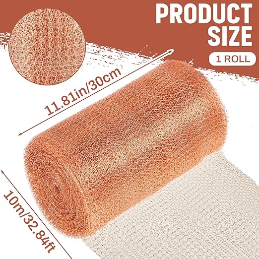 Gisafai 12'' x 32 ft Copper Mesh Rodent Control Copper Wool for Slugs Rustproof DIY Hole Filler Pure Wire Mesh for Bat Snail Bird Pest Rodent Control Gap Blocker Fill Fabric Hole Gardening (1 Roll)