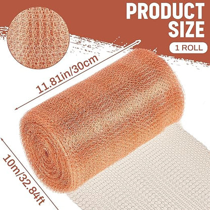Gisafai 12'' x 32 ft Copper Mesh Rodent Control Copper Wool for Slugs Rustproof DIY Hole Filler Pure Wire Mesh for Bat Snail Bird Pest Rodent Control Gap Blocker Fill Fabric Hole Gardening (1 Roll)