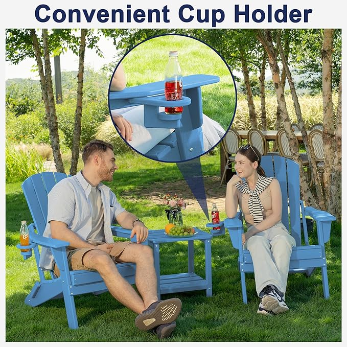 Plawdlik Folding Adirondack Chair Set of 4 with Cup Holder, SGS Tested, HDPE Heavy All-Weather,Wooden Textured,Backyard Fire Pit, Light Blue
