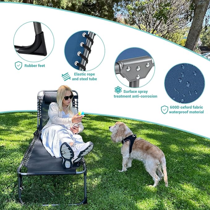 #WEJOY Folding Lounge Chair Outdoor, 5-Position Adjustable Sunbathing Tanning Chair with Shoulder Strap & Side Pocket, Heavy Duty Reclining Chair for Patio Pool Camping, Portable Folding Bed Cot,Blue