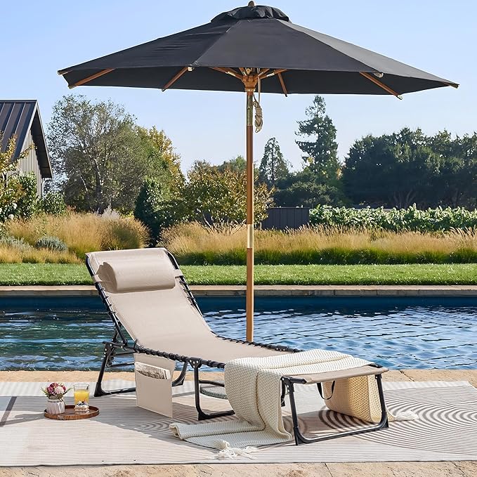 Flamaker Foldable Chaise Lounge Chair 5-Position Adjustable, Tanning Chair with Side Pocket, Outdoor Sunbathing for Pool, Beach, Patio, Lawn, Indoor Recliner Chair for Napping(Beige, 1 Pcs)