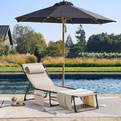 Flamaker Foldable Chaise Lounge Chair 5-Position Adjustable, Tanning Chair with Side Pocket, Outdoor Sunbathing for Pool, Beach, Patio, Lawn, Indoor Recliner Chair for Napping(Beige, 1 Pcs)