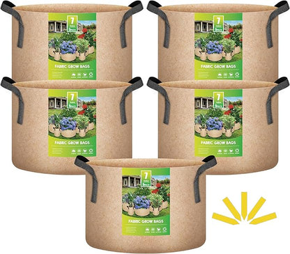 iPower 5-Pack 7 Gallon Plant Grow Bags Thickened Nonwoven Aeration Fabric Pots Heavy Duty Durable Container, Strap Handles for Garden, Tan New