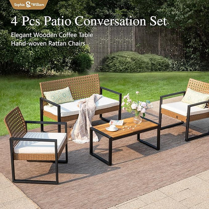 Sophia & William 4 Pieces Patio Conversation Set, Wicker Outdoor Furniture Set for 4, All Weather Outdoor Seating Set, Rattan Loveseat & Single Chairs with Cushions & Acacia Wood Coffee Table, Beige
