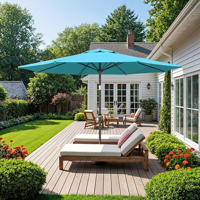 Outdoor Patio Umbrella, Table Umbrella with Push Button Tilt and Crank, 8 Ribs Market Umbrella
