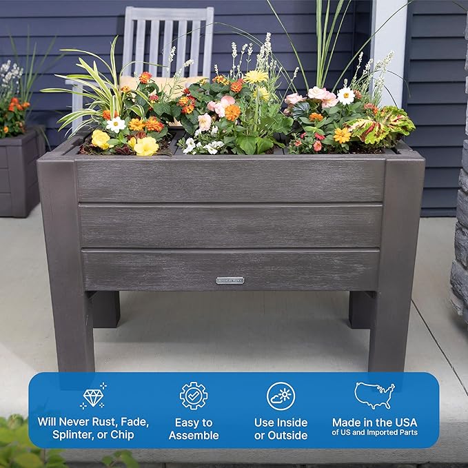 Step2 Lakewood Raised Planter Box, Large Planters for Outdoor Plants, Gardening and Flower Pot for Patio or Porch, Easy Drainage, Durable Plastic, Dark Cedar