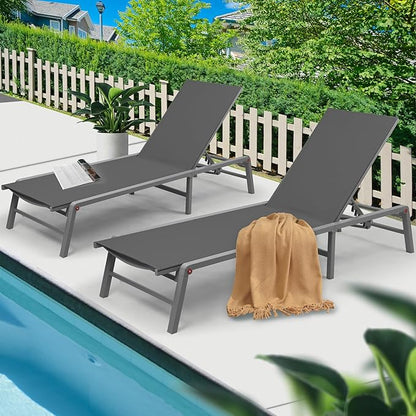 Kozyard 2 Packs Lounge Chair Outdoor Foldable Lounge Chair with 5 Adjustable Backrest Patio Lounger, Assemble-Free, Recliner and Full Flat Chair for Patio Beach Pool (2 Gray Textilence W/O Table)