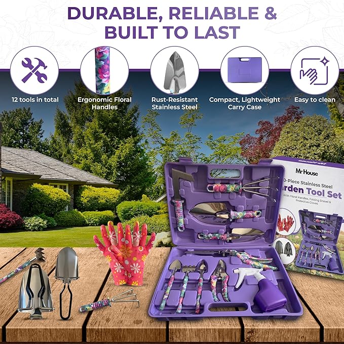 12-Piece Gardening Tools Set – Rust-Resistant Stainless Steel Hand Tools with Ergonomic Floral Handles & Carry Case, Includes Folding Shovel & Gloves – Perfect Gardening Kit for Women & Beginners