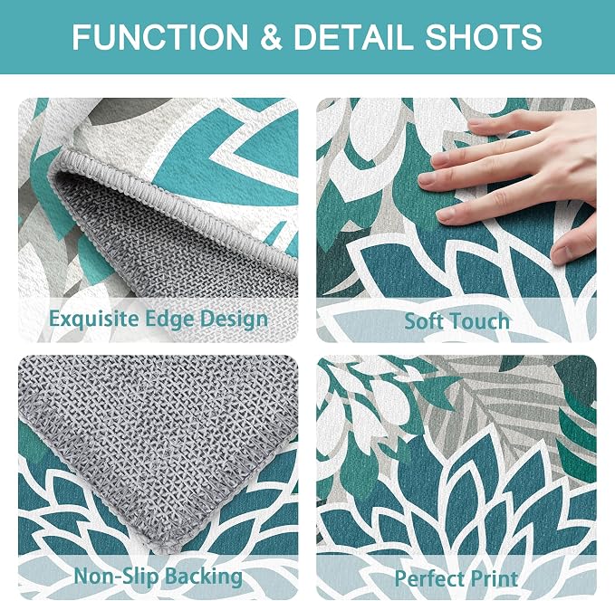 Colorful 2x6 Washable Runner Rug for Hallway Tropical Botanical Modern Floral Chenille Kitchen Rugs Low Pile Non Slip Carpet for Patio, Bedroom, Laundry, Teal