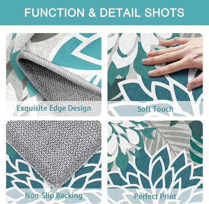Colorful 2x6 Washable Runner Rug for Hallway Tropical Botanical Modern Floral Chenille Kitchen Rugs Low Pile Non Slip Carpet for Patio, Bedroom, Laundry, Teal