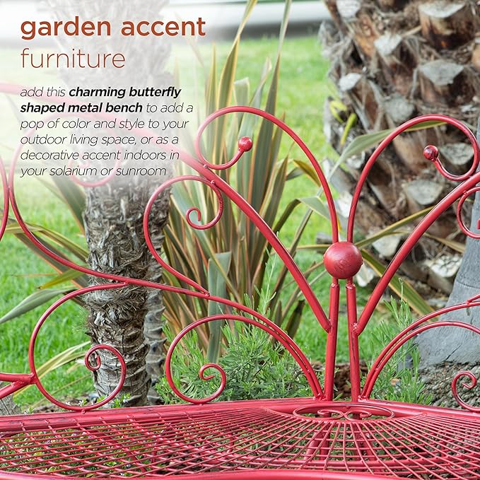 Alpine Corporation 62" x 26" Outdoor 2 Person Metal Butterfly Shaped Garden Bench, Red