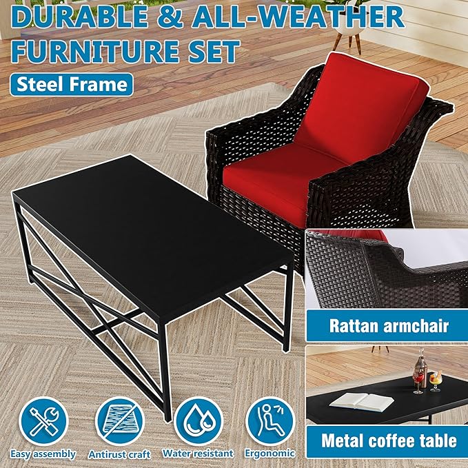 VistaVibe 3 Pieces Outdoor Patio Conversation Furniture Set - 78" 3-seat Sofa | 2 Wicker Chairs, Deep Seat Loveseat, Removable Cushions, Hand-Woven PE Rattan Couch, Balcony (Brown/Red)