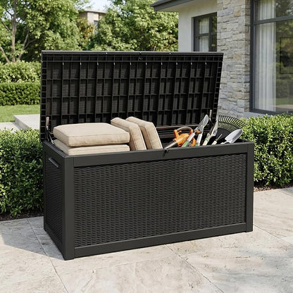 260 Gallon Deck Box, Waterproof Resin Outdoor Storage Box Lockable for Patio Furniture, Fade Resistant Patio Side Table & Organizer for Garden Tools, Pool Floats, Outdoor Cushions, Black