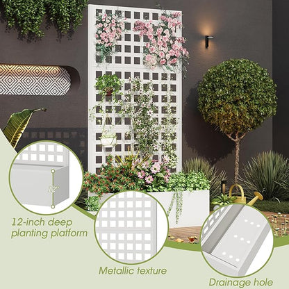 Metal Planter Box with Trellis, 71"x 35"x 16" Raised Garden Bed with Trellis, Planter Box Trellis with Privacy Screen and Drainage Holes, White