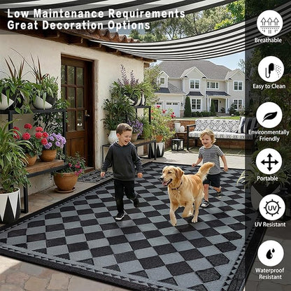 HUGEAR Outdoor Waterproof Rug 6'x9' Plastic Straw Rugs Washable Reversible Floor Mat Black/Grey Plaid Carpet for Camping RV Deck Entryance Porch Picnic Balcony Beach Backyard