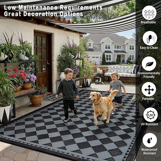 HUGEAR Outdoor Waterproof Rug 8'x10' Plastic Straw Rugs Washable Reversible Floor Mat Black/Grey Plaid Carpet for Camping RV Deck Entryance Porch Picnic Balcony Beach Backyard