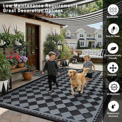 HUGEAR Outdoor Waterproof Rug 8'x10' Plastic Straw Rugs Washable Reversible Floor Mat Black/Grey Plaid Carpet for Camping RV Deck Entryance Porch Picnic Balcony Beach Backyard