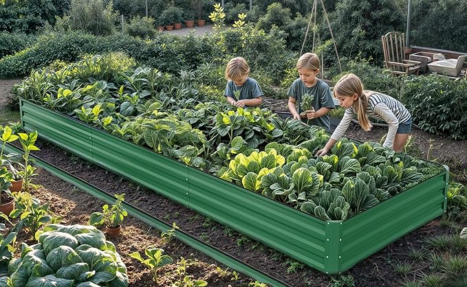 DWVO 2pcs 12 x 4 x 1 FT Raised Garden Bed Kit, Outdoor Galvanized Flower Bed with Safety Rubber and Gloves, Large Metal Planter Box for Vegetables, Flowers, Herbs, Fruits, Green