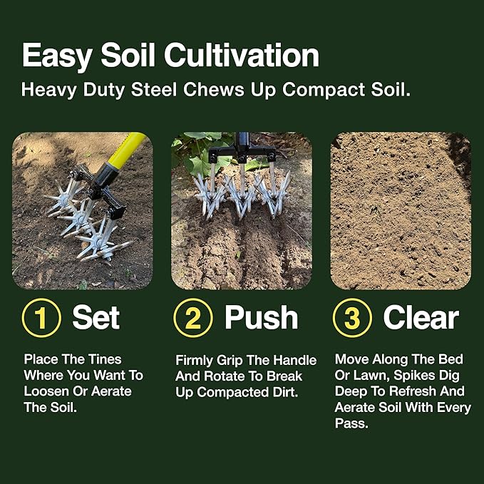 Rocklin New Heavy-Duty Rotary Cultivator Tool - 2X the Steel - 60” Extra Long Handle - Steel Tines - Heavy Duty - for All Soils - Till, Aerate, Weed, or Mix