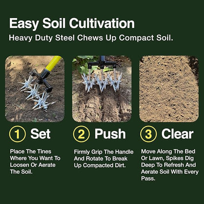 Rocklin New Heavy-Duty Rotary Cultivator Tool - 2X the Steel - 60” Extra Long Handle - Steel Tines - Heavy Duty - for All Soils - Till, Aerate, Weed, or Mix