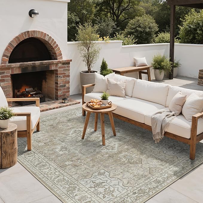 GENIMO Outdoor & Indoor Area Rug 4'x6', Waterproof, Non-Shedding, Easy Cleaning, Boho Mat for Patio, Living Room, Balcony, Dining Room, RV, Deck, Bedroom, Camping, Outside Carpet,Coffee Beige