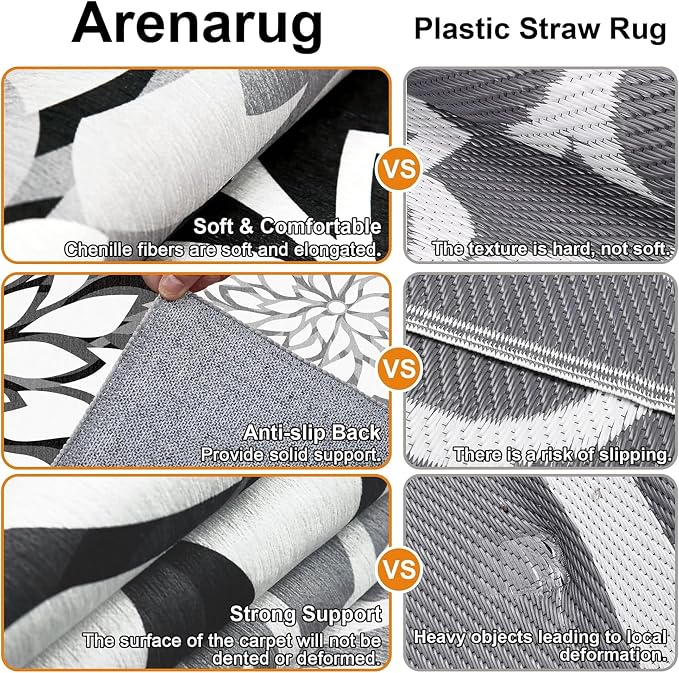 4x6 Outdoor Area Rug Washable Multicolored Patio Rug Tropical Botanical Floral Chenille Waterproof Outdoor Carpet for Living Room, Deck, Backyard, Porch, Black