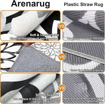 4x6 Outdoor Area Rug Washable Multicolored Patio Rug Tropical Botanical Floral Chenille Waterproof Outdoor Carpet for Living Room, Deck, Backyard, Porch, Black