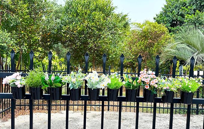 Pack of 10 Railing Planter, Hanging Planter Pot Metal 4 inch for Outdoor Indoor, Railing Fence Flower Pot with Detachable Hook for Small Plants Balcony Patio Garden, Black