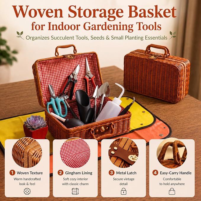 Bonsai & Indoor Plant Tool Set for Beginners, Plant Repotting Kit with Gardening Tools, Repotting Mat, Wicker Basket, Mini Pots & Indoor Gardening Gift for Women & Men