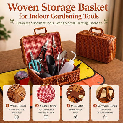 Bonsai & Indoor Plant Tool Set for Beginners, Plant Repotting Kit with Gardening Tools, Repotting Mat, Wicker Basket, Mini Pots & Indoor Gardening Gift for Women & Men