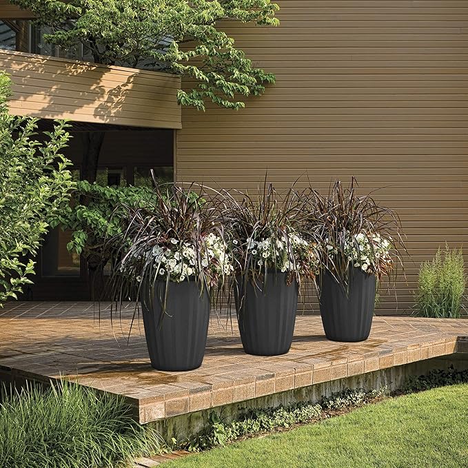 Crescent Garden Pleat Modern Decorative Planter, Indoor/Outdoor Pot, Resin Planter with Drain Hole - 15" W x 15" H (Olive)