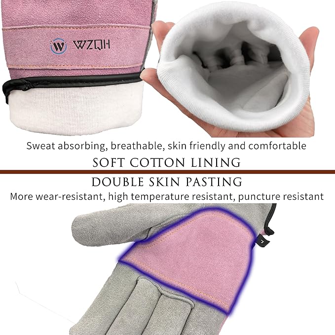 Leather Work Gloves for Men or Women. XX-Large Glove for Gardening, Tig/Mig Welding, Construction, Chainsaw, Farm, Ranch, etc. Cowhide, Cotton Lined, Utility, Firm Grip, Durable. Pink-Grey 2XL