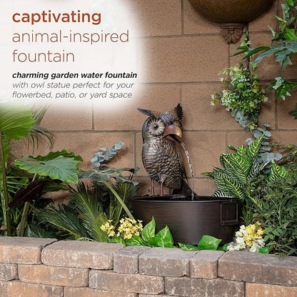 Alpine Corporation NCY294 23" Outdoor Floor Soothing Metal Water Fountain, Vintage Owl Garden Water Feature with Cascading Water for Patio & Backyard Décor, Brown